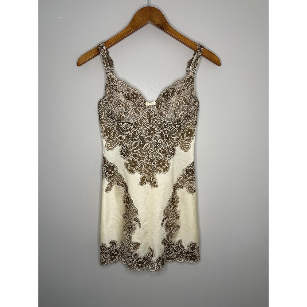 Janet Reger Lace Chemise Slip Women 34B Cream Brown EUC Corset Back Romantic